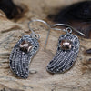 Sterling silver and 18ct yellow gold angel wings earrings with beaded details and a copper-toned square gemstone