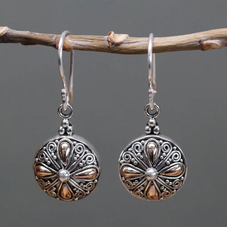Sterling silver and 18ct yellow gold classic round dangle earrings with silver and copper floral filigree design