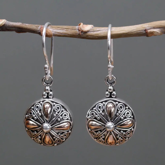Sterling silver and 18ct yellow gold classic round dangle earrings with silver and copper floral filigree design