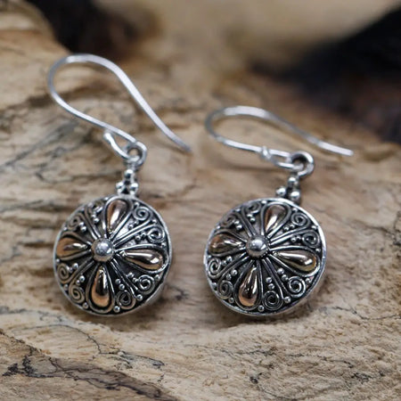 Sterling silver and 18ct yellow gold classic round dangle earrings with intricate floral filigree design
