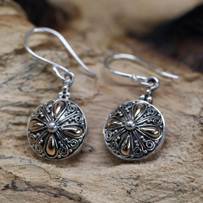 Sterling silver and 18ct yellow gold classic round dangle earrings with intricate floral filigree design
