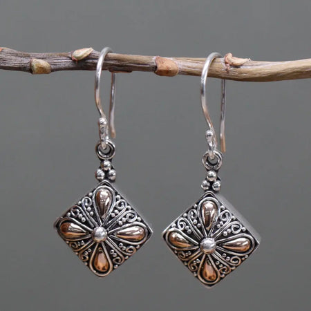 Sterling silver and 18ct yellow gold classic square dangle earrings with silver and copper filigree diamond flower design