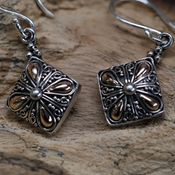 Square sterling silver earrings with intricate floral filigree and 18ct yellow gold accents in a classic square design
