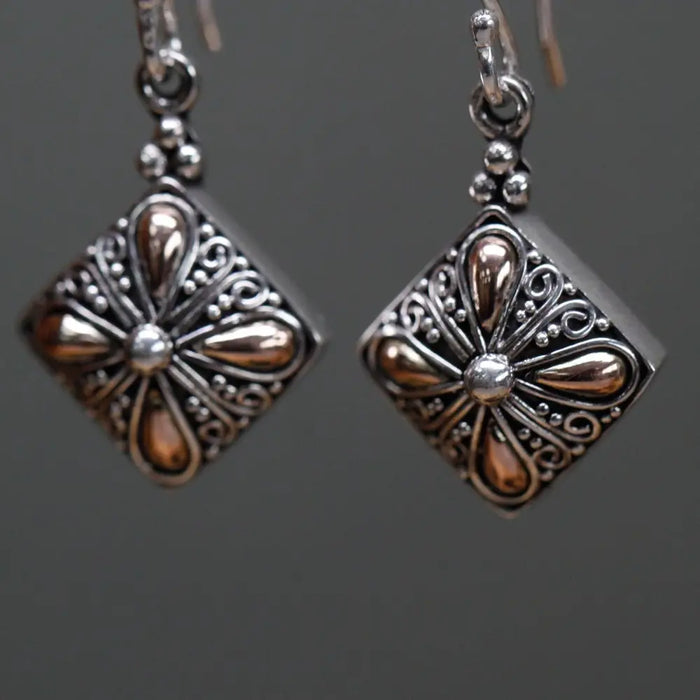 Sterling silver and 18ct yellow gold classic square earrings with silver and copper floral filigree design