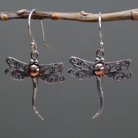 Sterling silver and 18ct yellow gold dragonfly earrings with intricate filigree wings and a copper bead center