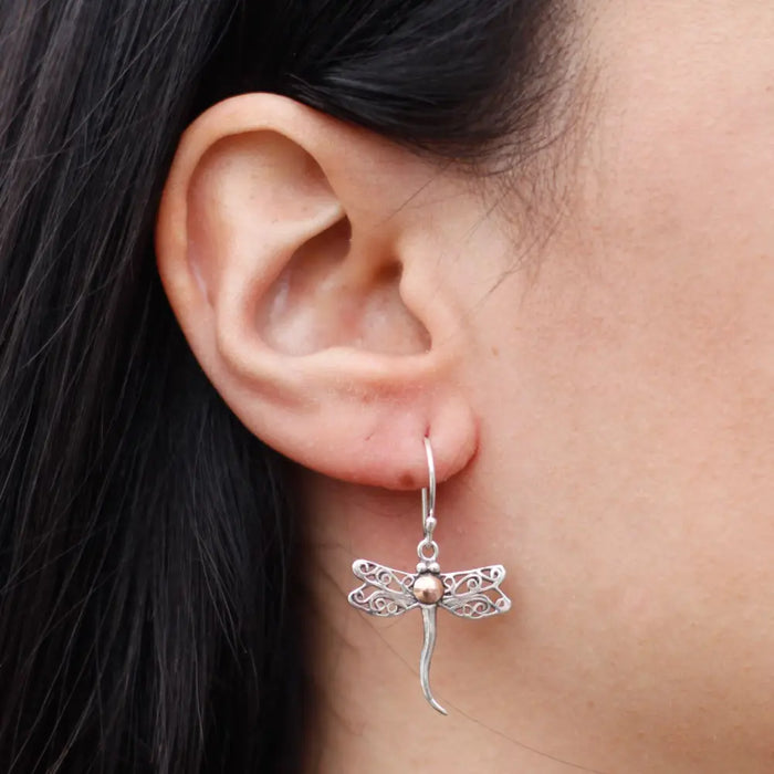 Sterling silver dragonfly earrings with intricate filigree wings and small 18ct yellow gold bead at the center