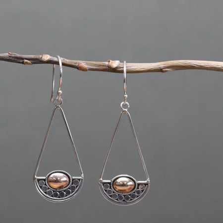 Silver drop earrings with triangular sterling silver filigree and 18ct yellow gold oval detail from luna balance