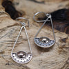 Silver triangular dangle earrings with oval cabochon, filigree detailing, sterling silver and 18ct yellow gold luna balance design