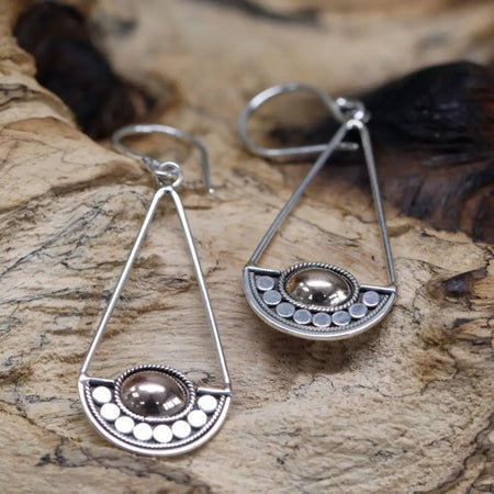 Silver triangular dangle earrings with oval cabochon, filigree detailing, sterling silver and 18ct yellow gold luna balance design