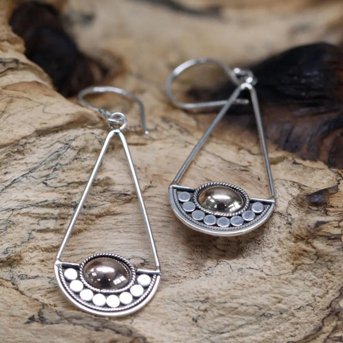 Silver triangular dangle earrings with oval cabochon, filigree detailing, sterling silver and 18ct yellow gold luna balance design