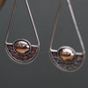 Silver dangle earrings with copper oval cabochon, red stones, filigree in sterling silver and 18ct yellow gold luna balance