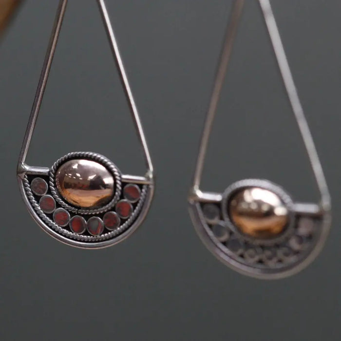Silver dangle earrings with copper oval cabochon, red stones, filigree in sterling silver and 18ct yellow gold luna balance
