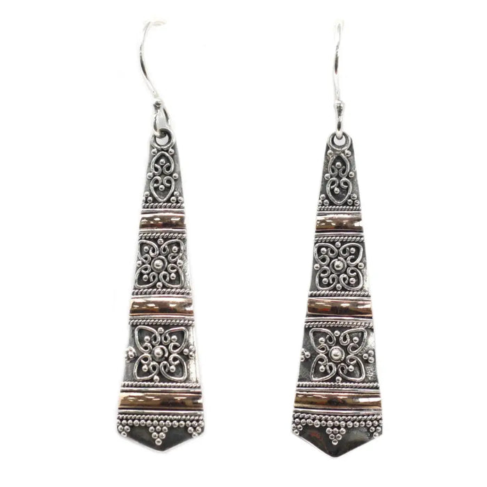 Silver and copper toned sterling silver and 18ct yellow gold earrings with intricate filigree and beaded detailing