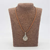 Sterling silver and 18ct yellow gold classic round drop pendant with silver floral design on brown leather cord