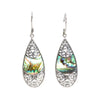 Silver filigree sterling silver oval teardrop earrings with iridescent abalone inlay