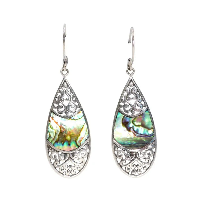 Silver filigree sterling silver oval teardrop earrings with iridescent abalone inlay