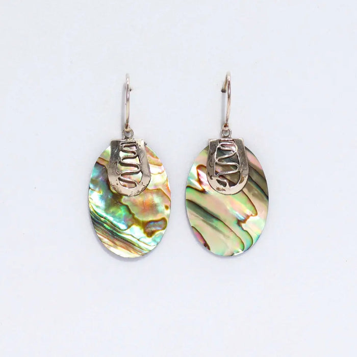 Elegant oval sterling silver earrings with iridescent abalone shell and silver swirl accent