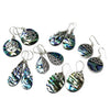 Sterling silver swirl earrings with abalone shells in green blue and purple hues and silver-toned filigree designs