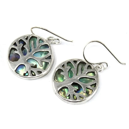 Sterling silver dangle earrings with circular tree of life design and iridescent abalone inlay