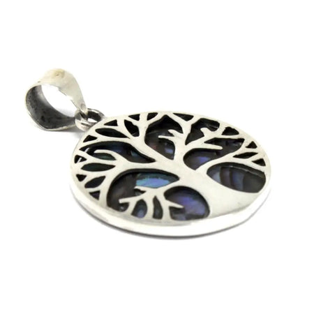 Sterling silver tree of life pendant with intricate cut-out branches and blue opal stones in sterling silver abalone style