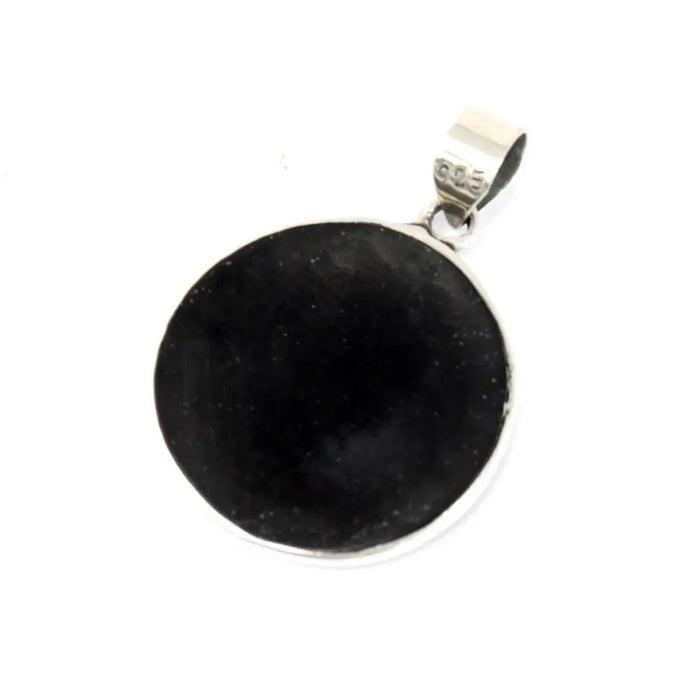Sterling silver pendant with round smooth black abalone stone set in polished silver abalone frame with bail
