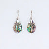 Delicate sterling silver dragonfly earrings with iridescent abalone shell teardrop pendants