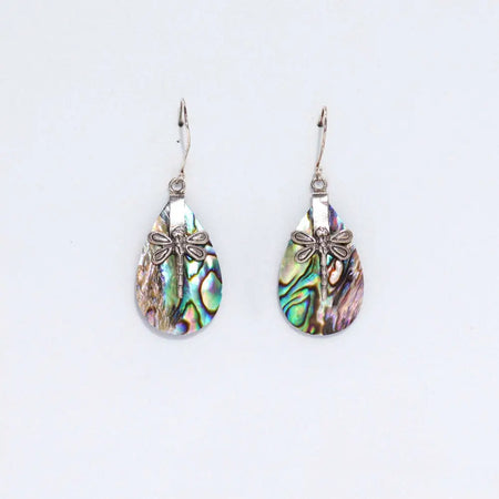 Delicate sterling silver dragonfly earrings with iridescent abalone shell teardrop pendants
