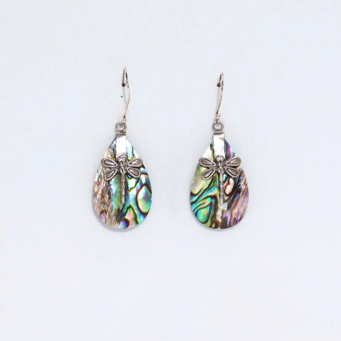 Delicate sterling silver dragonfly earrings with iridescent abalone shell teardrop pendants