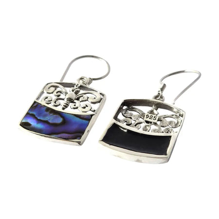 Sterling silver dragonfly earrings with intricate filigree and split panel abalone shell and black enamel design