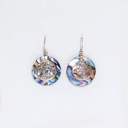 Sterling silver circular earrings with abalone shells and silver-toned filigree floral designs and hook clasps