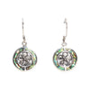 Sterling silver dangle earrings with circular abalone shell inlay and a central frangipani floral design