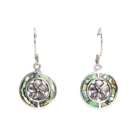 Sterling silver dangle earrings with circular abalone shell inlay and a central frangipani floral design