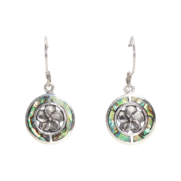 Sterling silver dangle earrings with circular abalone shell inlay and a central frangipani floral design
