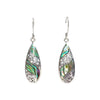 Sterling silver long teardrop earrings with intricate filigree and colorful abalone shell inlays