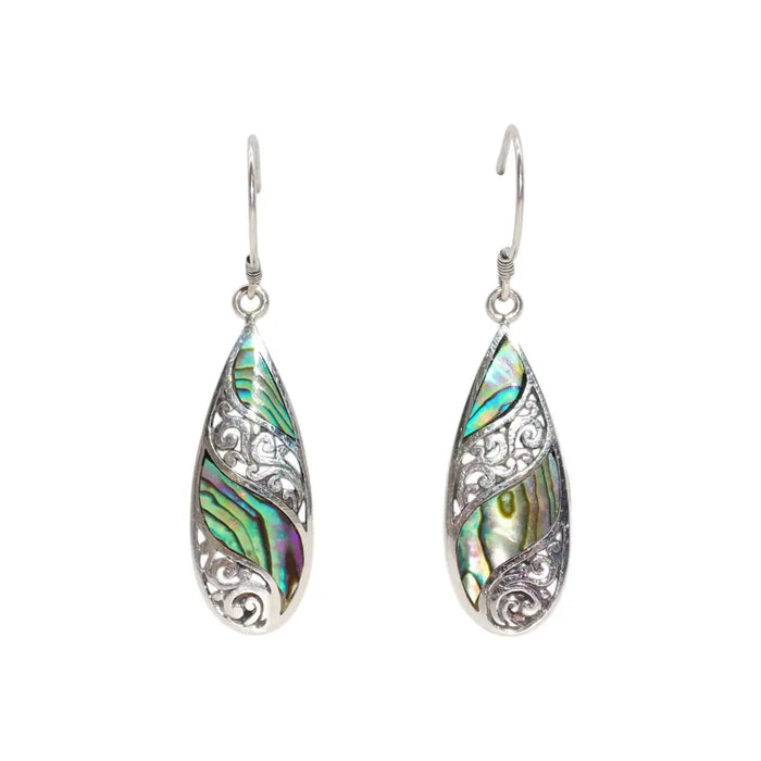 Sterling silver long teardrop earrings with intricate filigree and colorful abalone shell inlays