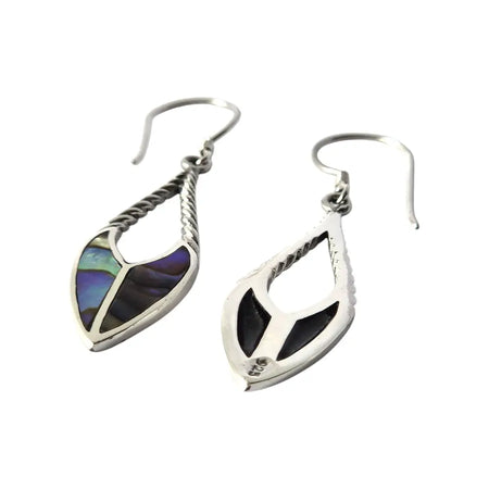 Sterling silver spear drop earrings with twisted wire design and abalone shell in blue purple and black hues