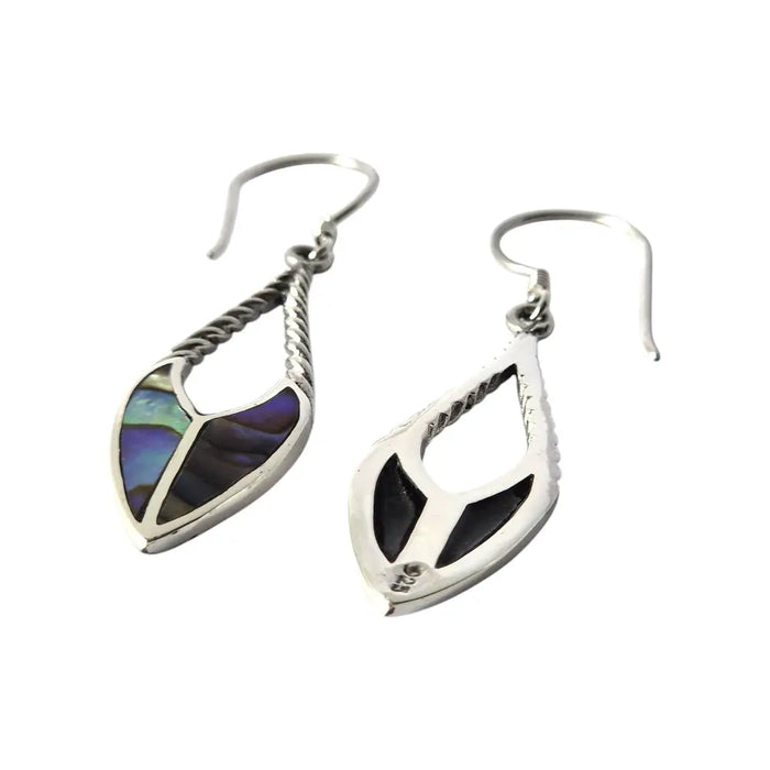 Sterling silver spear drop earrings with twisted wire design and abalone shell in blue purple and black hues