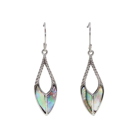 Sterling silver spear drop earrings with twisted wire frame and iridescent abalone shell inlays in soft silver tones