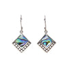 Sterling silver dangle earrings with square abalone shell inlay and decorative openwork border in iridescent colors