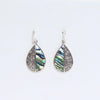 Sterling silver teardrop earrings with intricate filigree and colorful abalone shell inlay