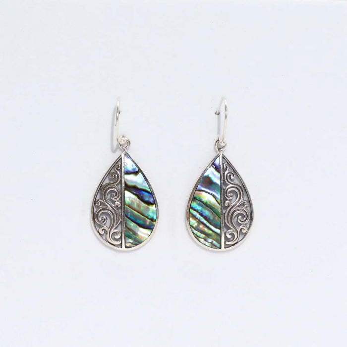 Sterling silver teardrop earrings with intricate filigree and colorful abalone shell inlay