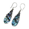 Teardrop sterling silver earrings with iridescent abalone shell and delicate heart charms in silver tone hooks