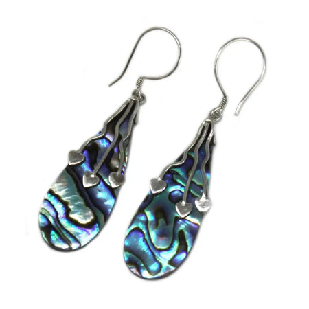 Teardrop sterling silver earrings with iridescent abalone shell and delicate heart charms in silver tone hooks