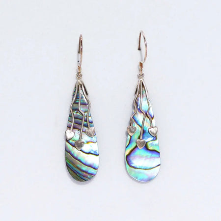 Sterling silver earrings with teardrop abalone shell and three dangling heart charms in silver tone metalwork