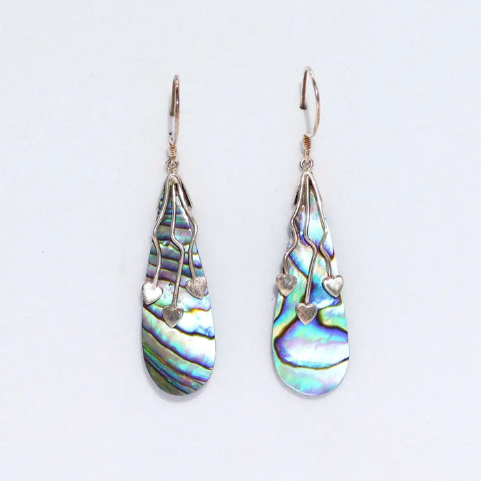 Sterling silver earrings with teardrop abalone shell and three dangling heart charms in silver tone metalwork