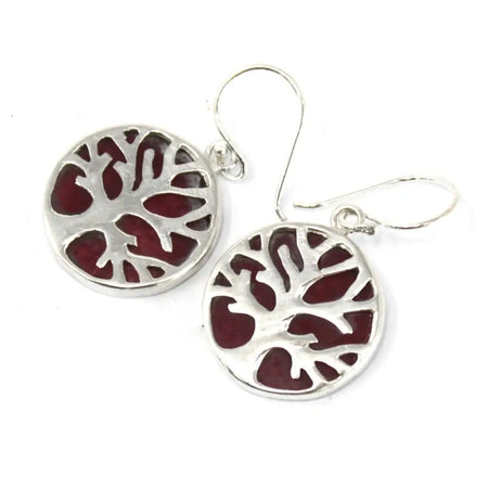 Sterling silver tree of life earrings with red coral effect enamel inlay highlighting nature-inspired design