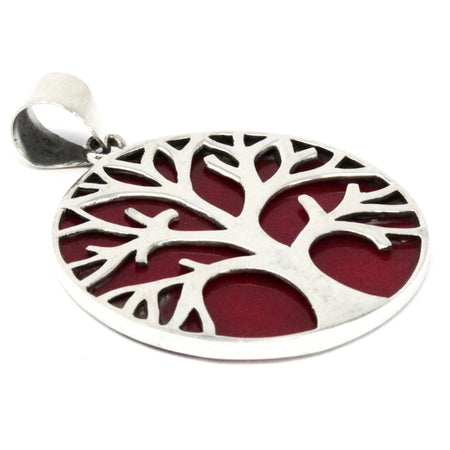 Sterling silver tree of life pendant with vibrant coral effect red resin inlay and detailed cut-out branches 30mm