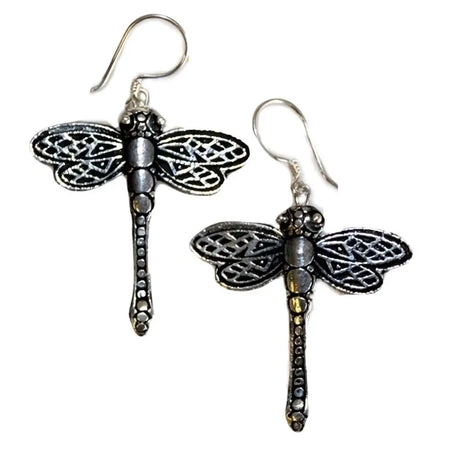 Sterling silver earrings shaped like silver dragonflies with lace-like wings and small bead accents on textured bodies