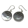 Sterling silver dangle earrings with classic disc mother-of-pearl and intricate black filigree designs