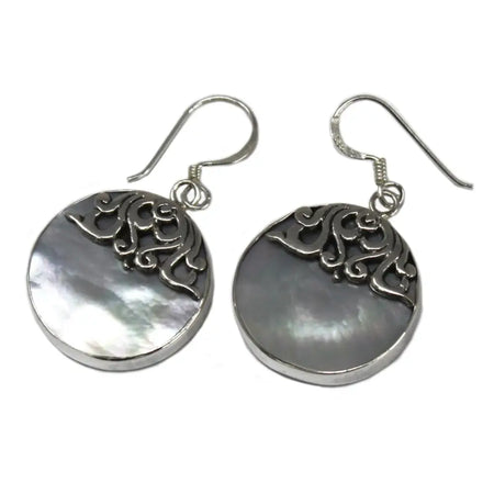 Sterling silver dangle earrings with classic disc mother-of-pearl and intricate black filigree designs